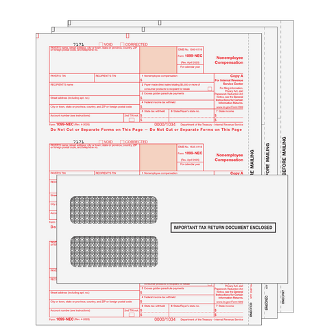 1099 NEC Laser 3 Part Set with Self Seal Envelopes for 25 Recipients