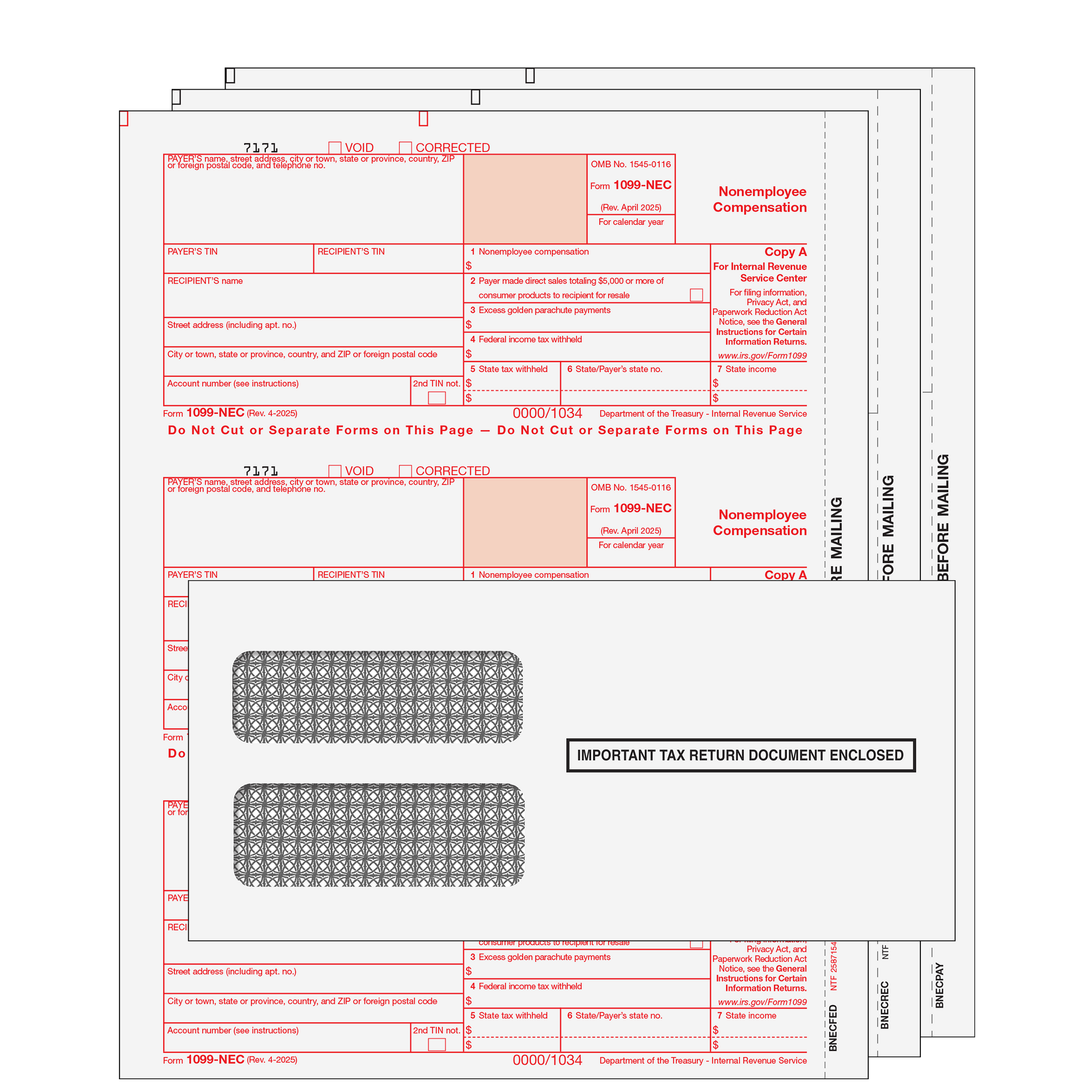 1099 NEC Laser 3 Part Set with Self Seal Envelopes for 25 Recipients