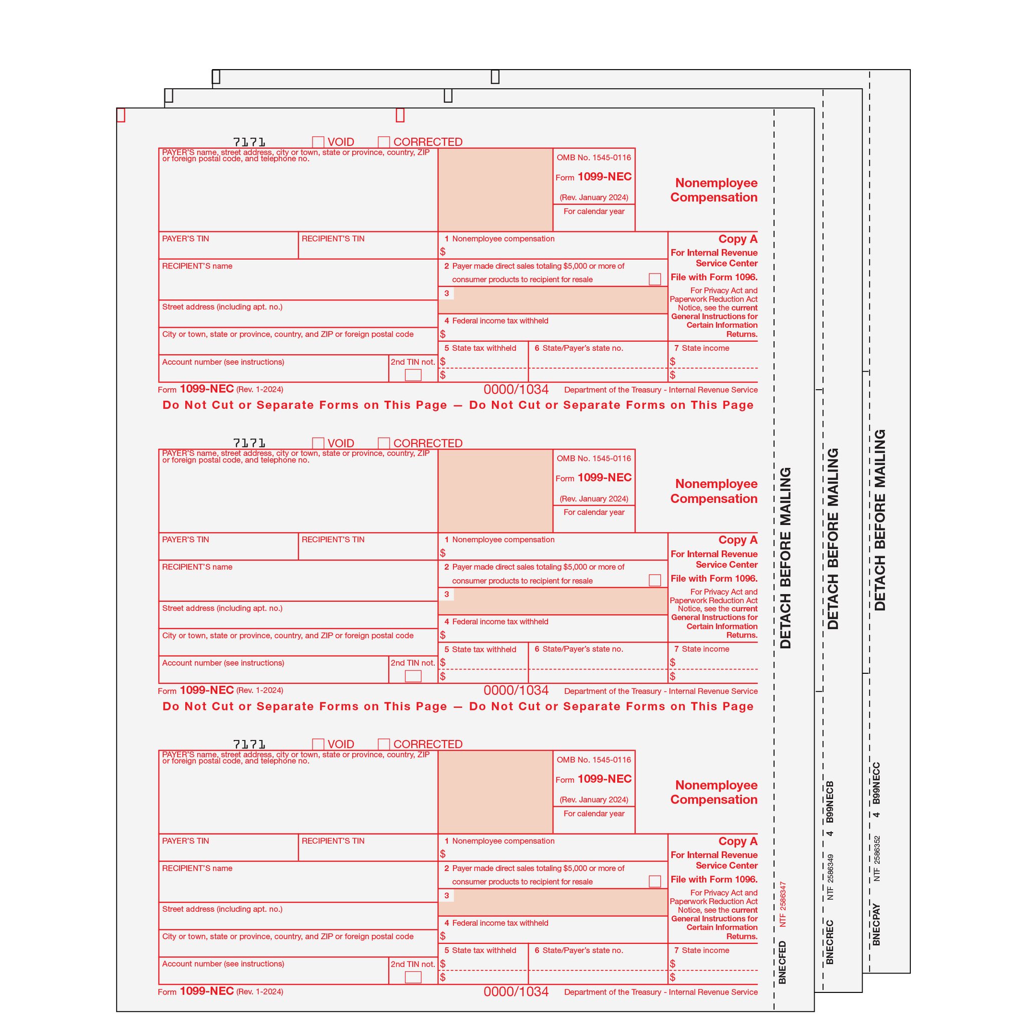 1099 NEC: 3 Part Set for 25 Recipients