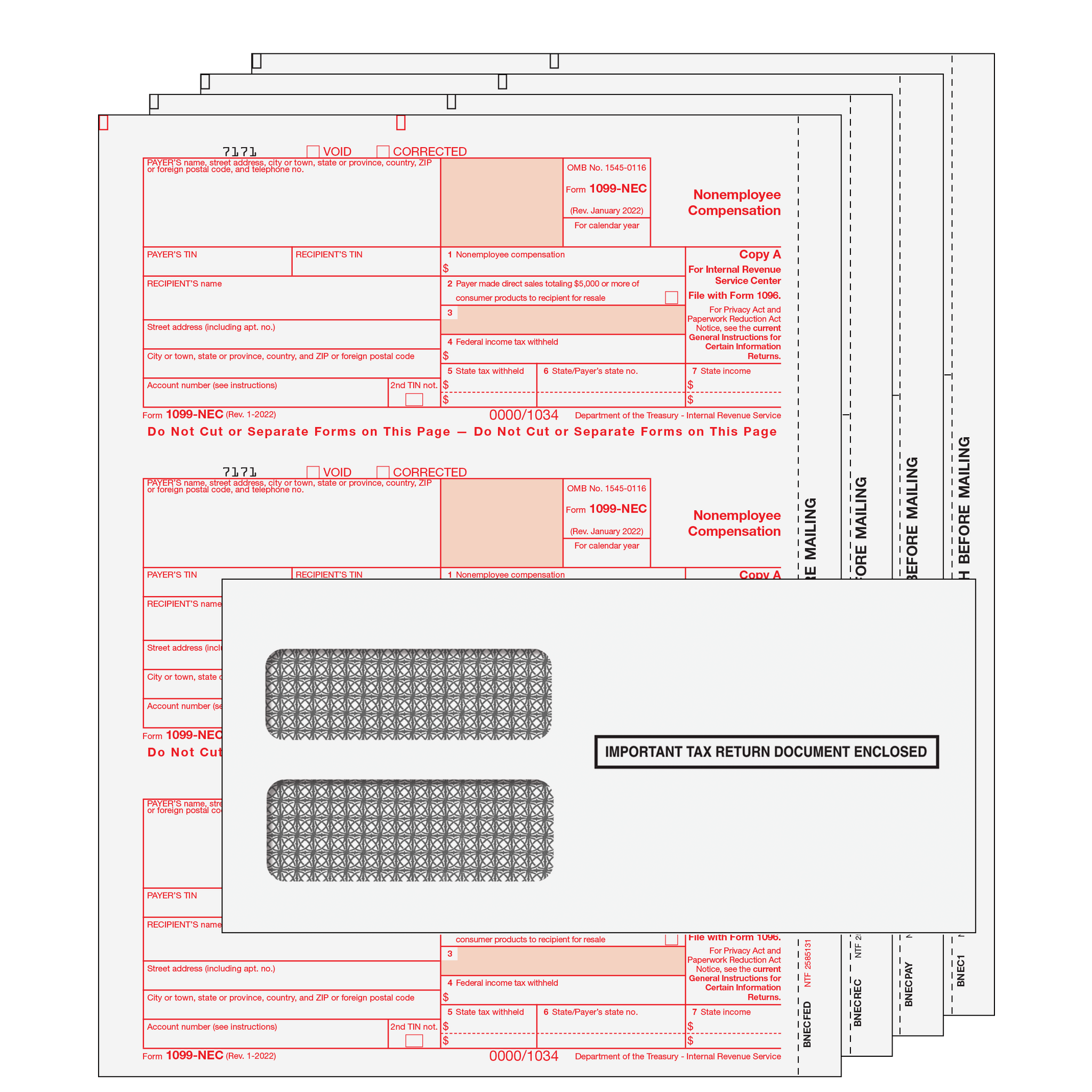 1099 NEC: 4 Part Set with Self Seal Envelopes for 25 Recipients