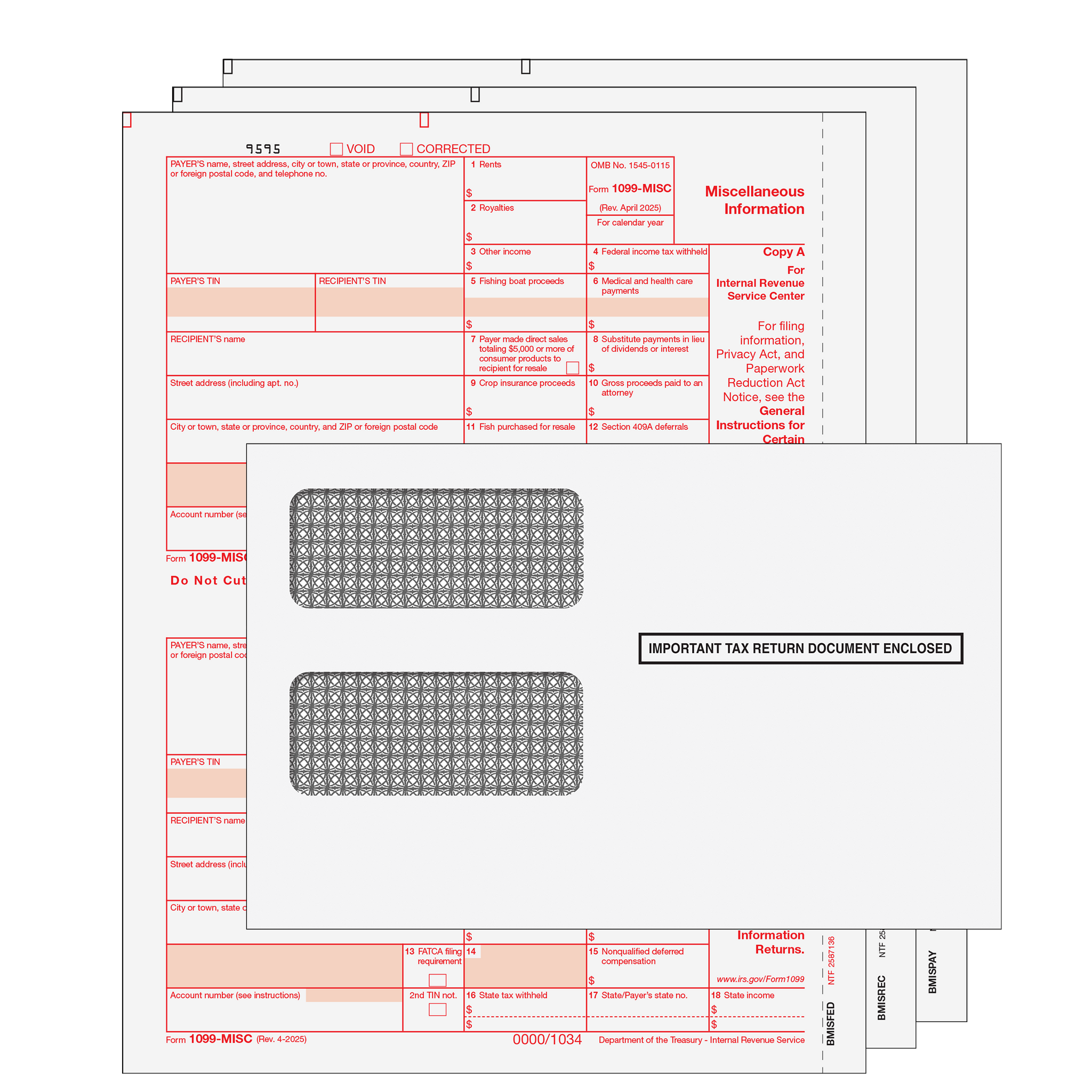 1099 MISC Laser 3 Part Set with Self Seal Envelopes for 50 Recipients