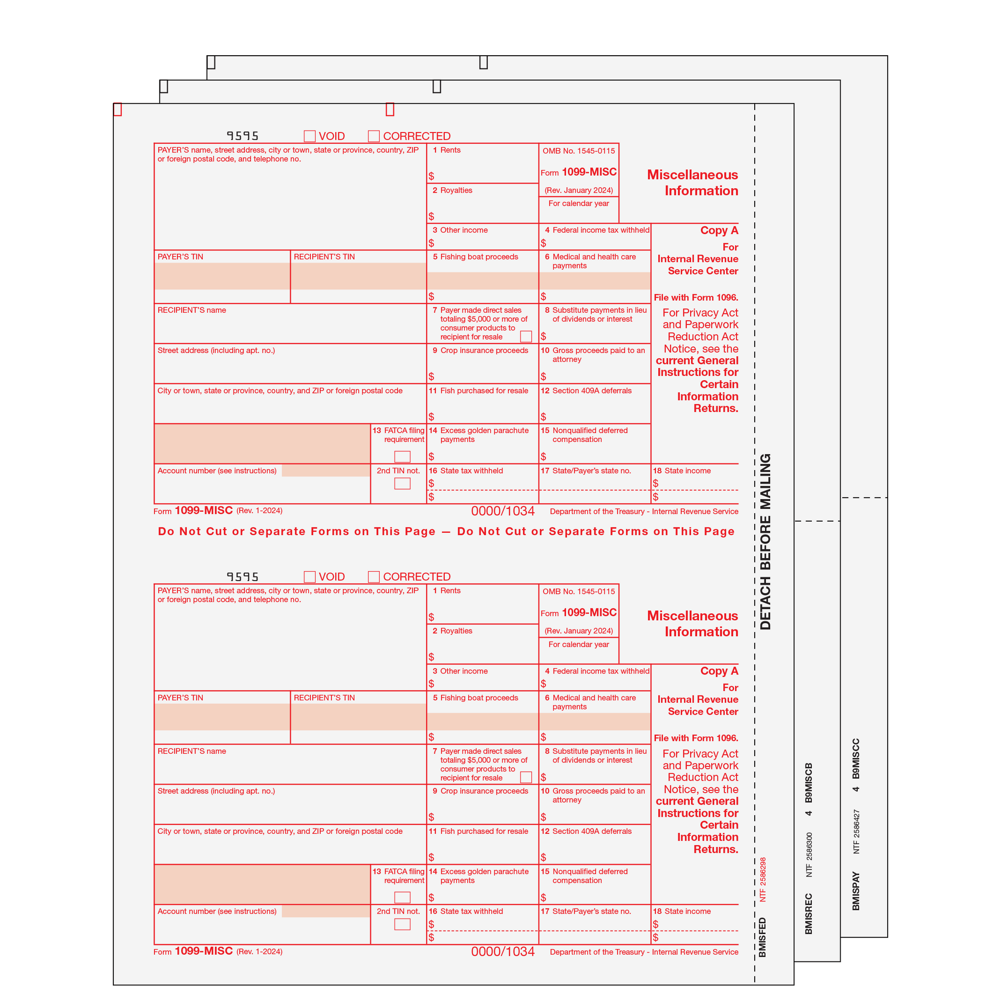 1099 MISC: 3 Part Set for 25 Recipients