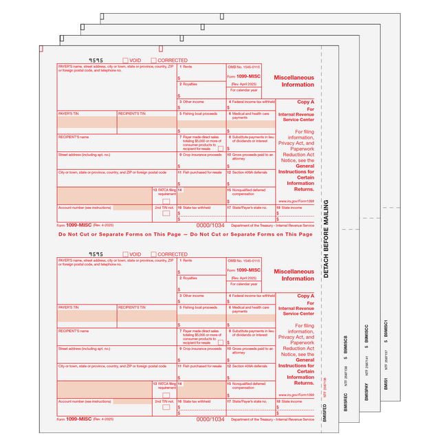 1099 MISC Laser 4 Part Set for 25 Recipients