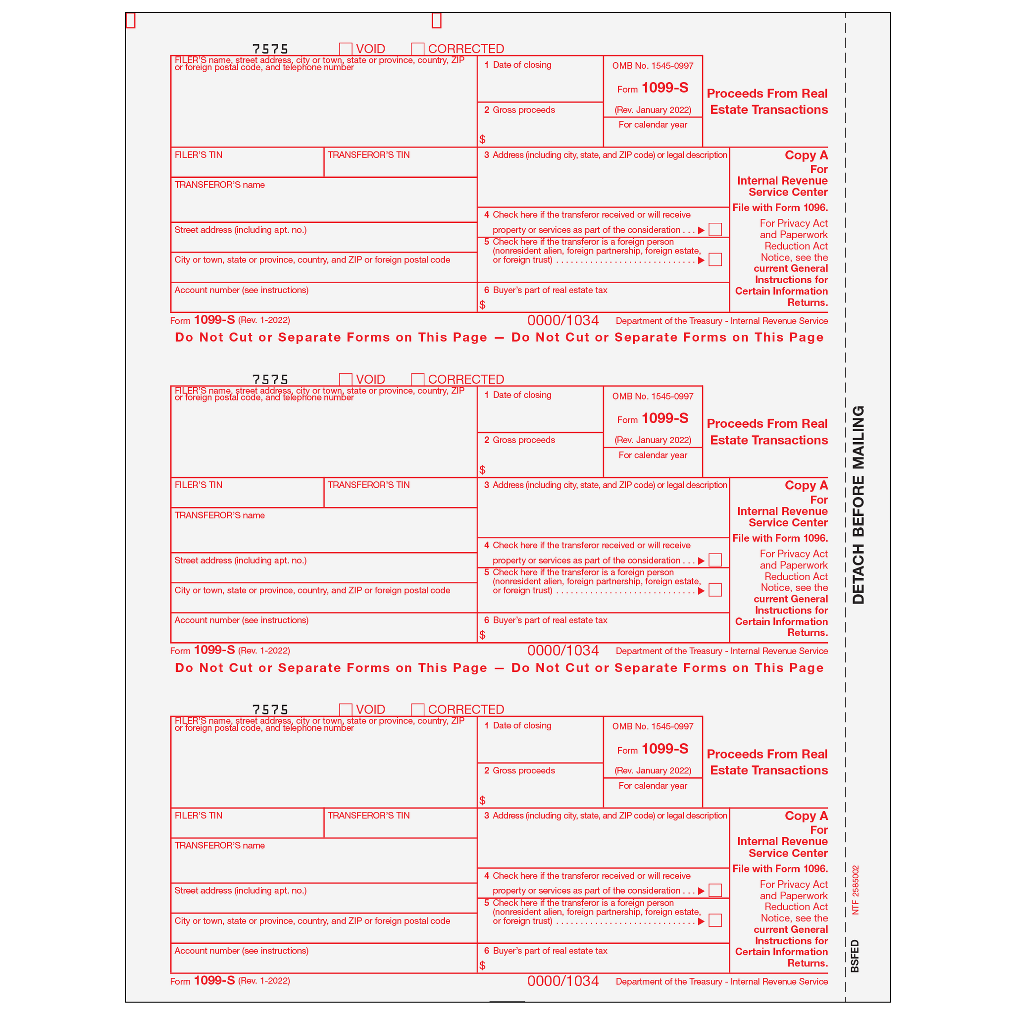 1099-S Proceeds From Real Estate Transactions - Copy A Federal (25/pkg)