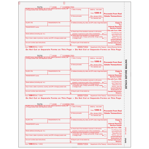 1099-S Proceeds From Real Estate Transactions - Copy A Federal (25/pkg)