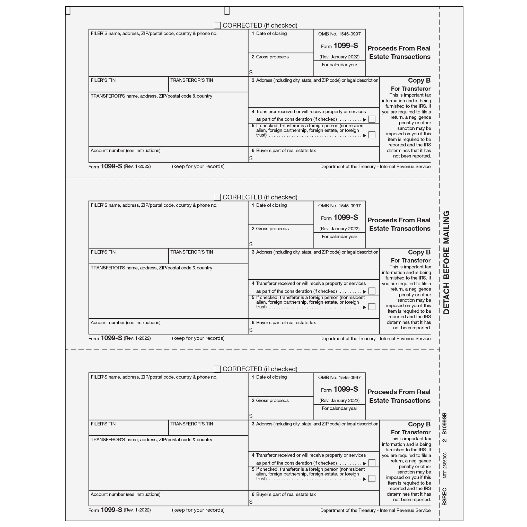1099-S Proceeds From Real Estate Transactions - Copy B Transferor (25/pkg)
